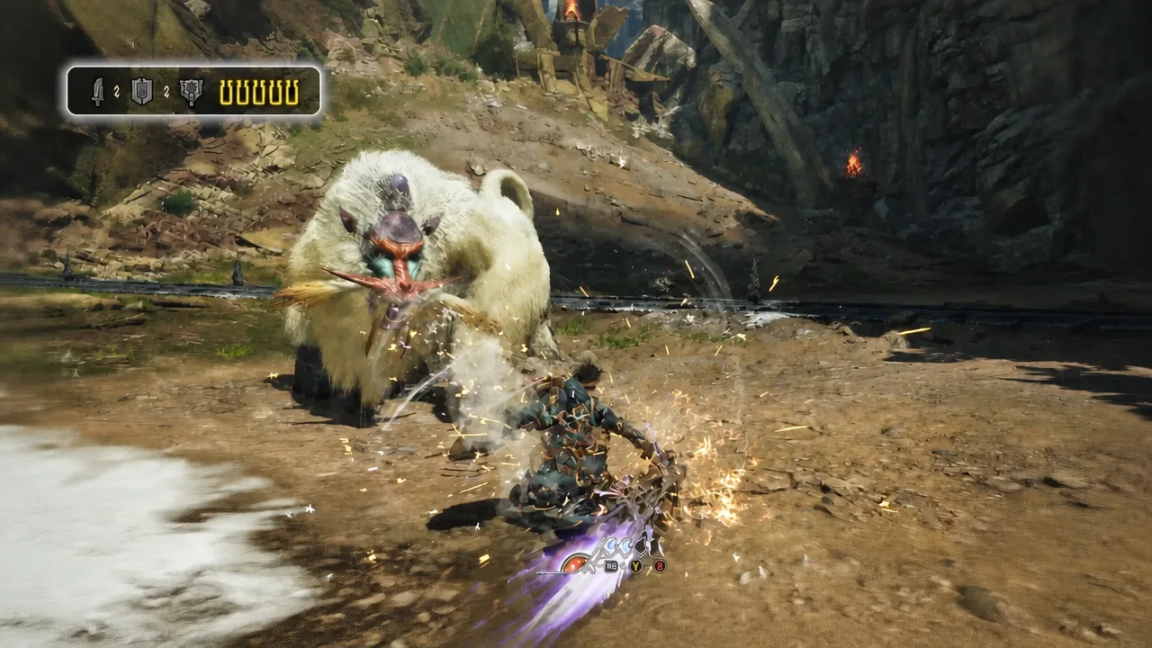Hunter closing distance on a large white monster with a glowing Charge Blade in Sword Mode