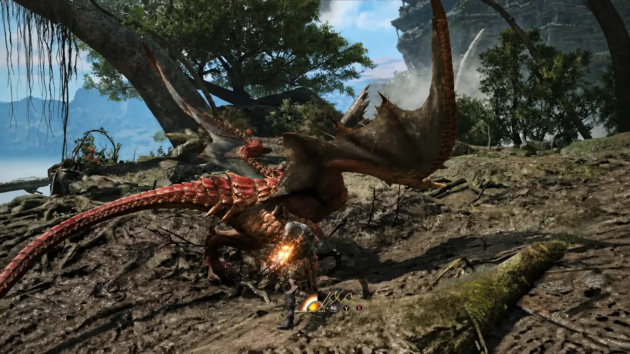 Combat HUD with the Y button prompt highlighted while the hunter attacks a large dragon