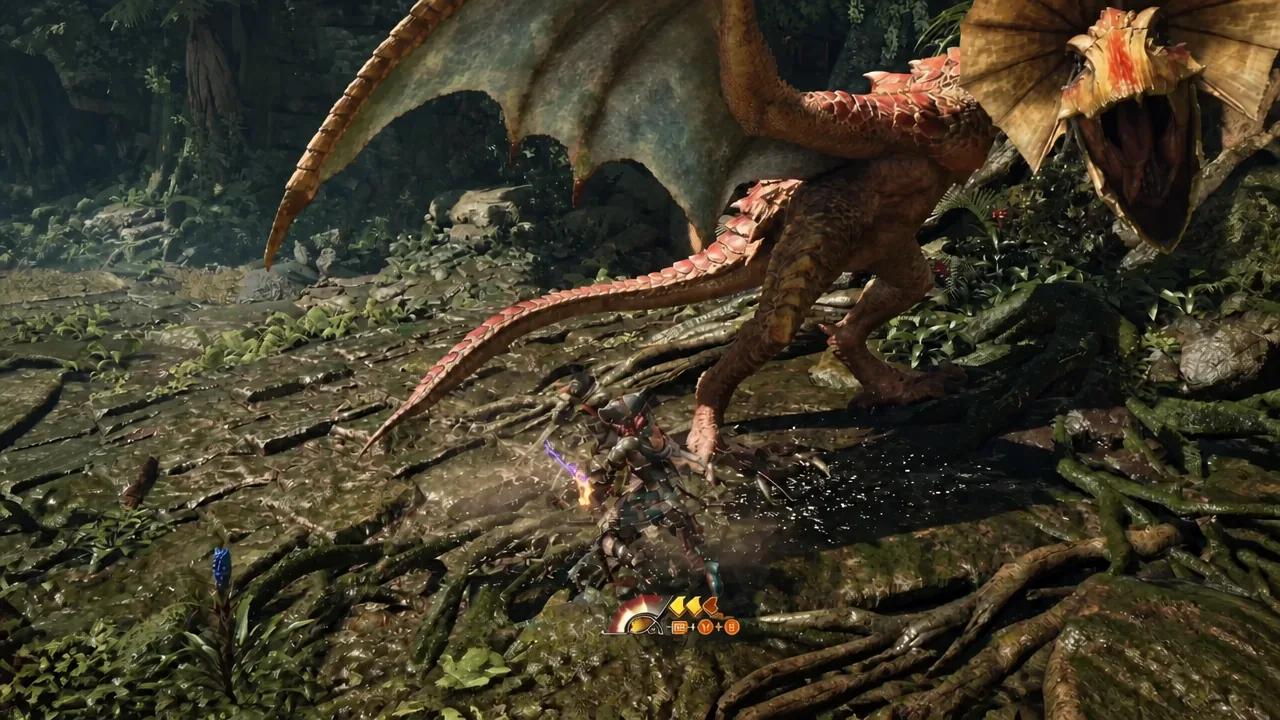 Hunter striking a large dragon with glowing Dual Blades after an offset dash
