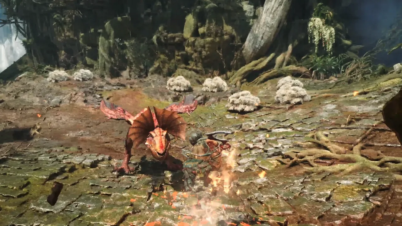 Hunter countering a small dragon's fire attack near a burning campfire