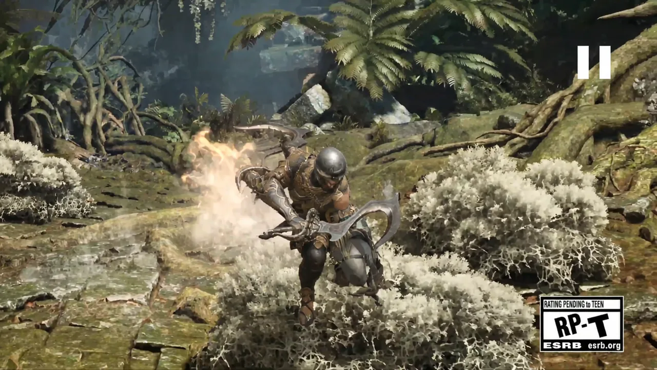 Hunter in Master Rank armor mid-fight in a jungle area with the Dual Blades drawn