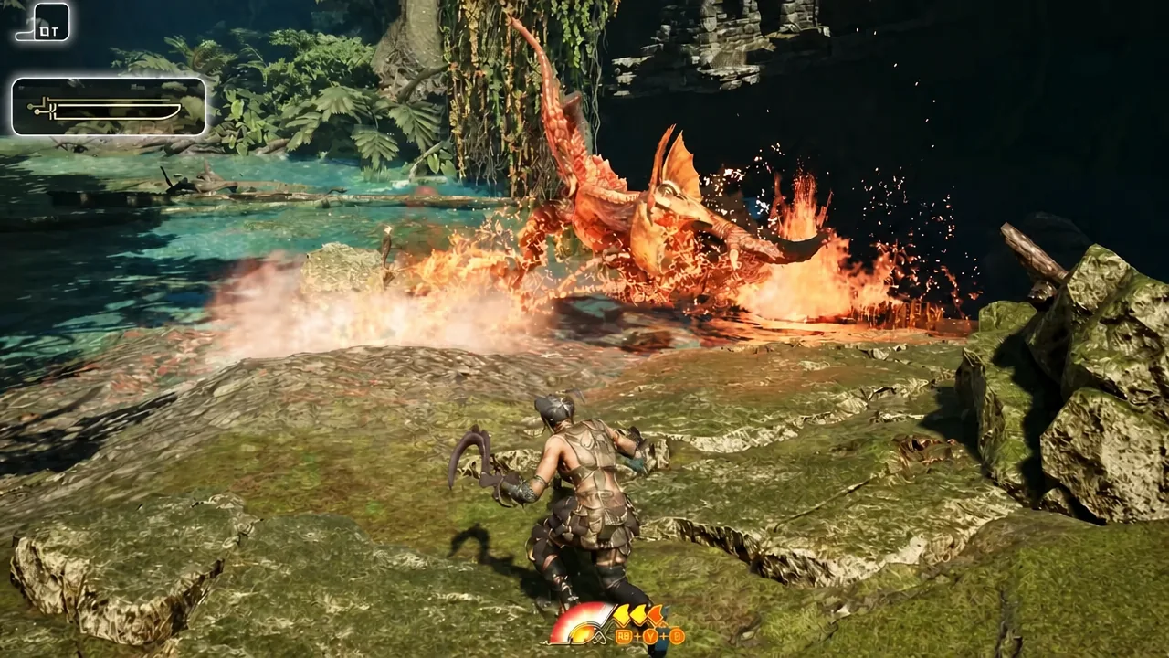Hunter mid-attack on a fiery monster with the Boost Driver button prompt shown at the bottom of the screen