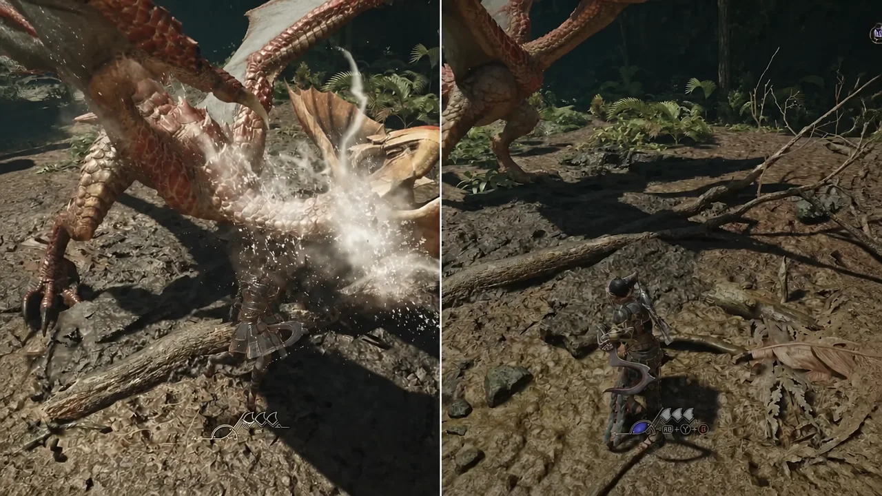 Split-screen comparison of a hunter closing distance on a dragon during a boosted rush