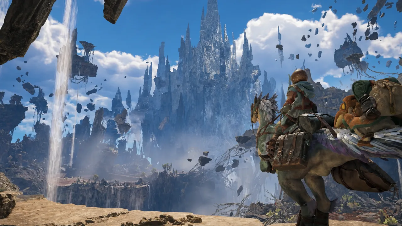 Floating islands and ruins of the Skybound Eyrie seen above the cloud layer