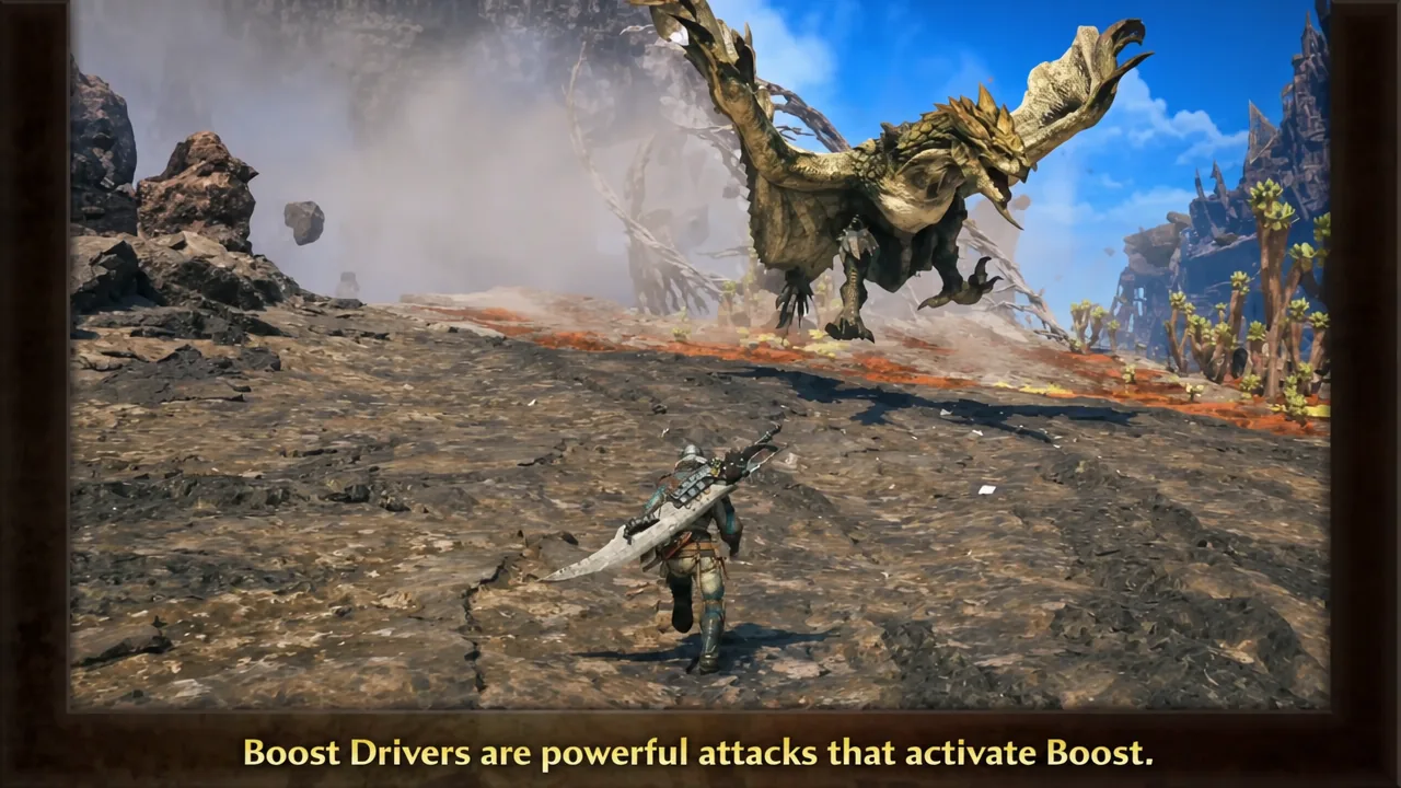 Loading screen tip explaining Boost Drivers as a hunter closes in on a flying wyvern