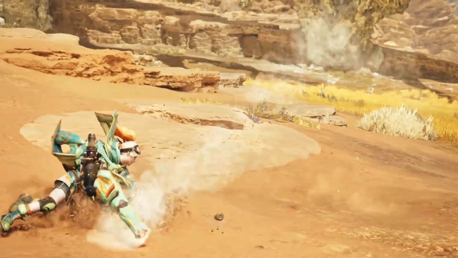 Hunter firing a sustained blue energy beam from the Heavy Bowgun at a monster
