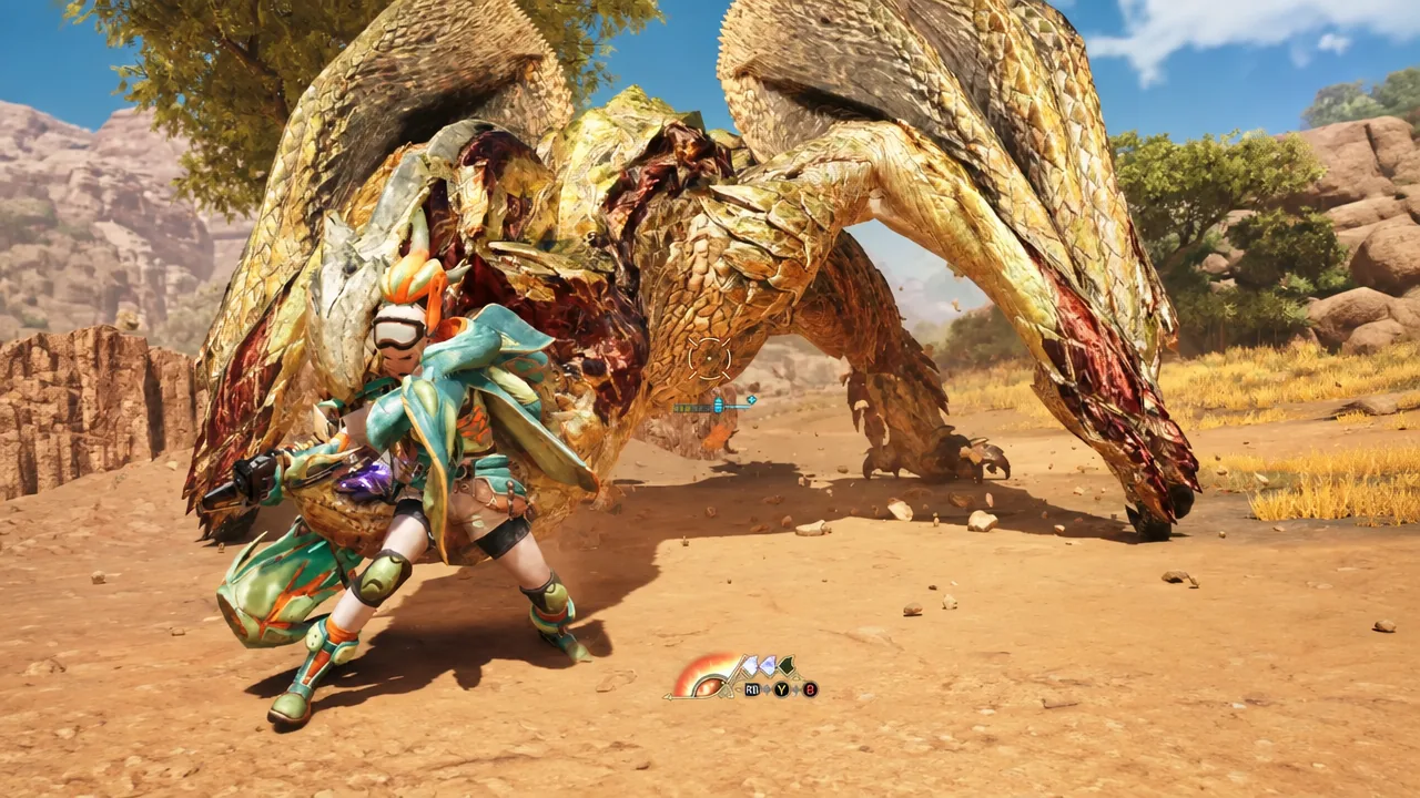 Hunter firing on a large dragon-like monster with combat HUD and attack prompts visible