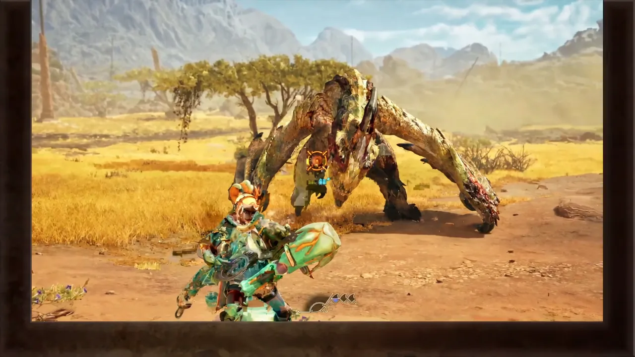 Heavy Bowgun aiming reticle centered on a monster before firing a compressed round