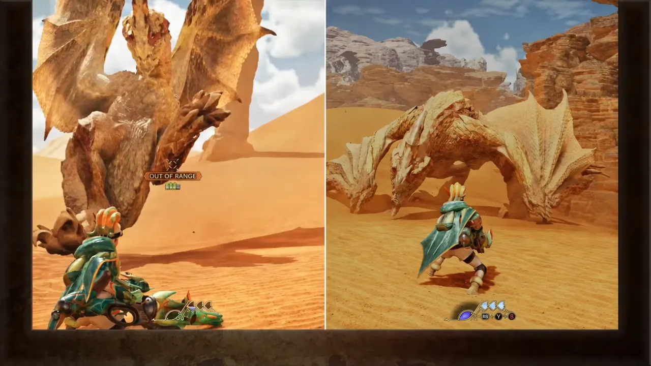Split-screen gameplay comparison with an OUT OF RANGE warning shown on the left panel
