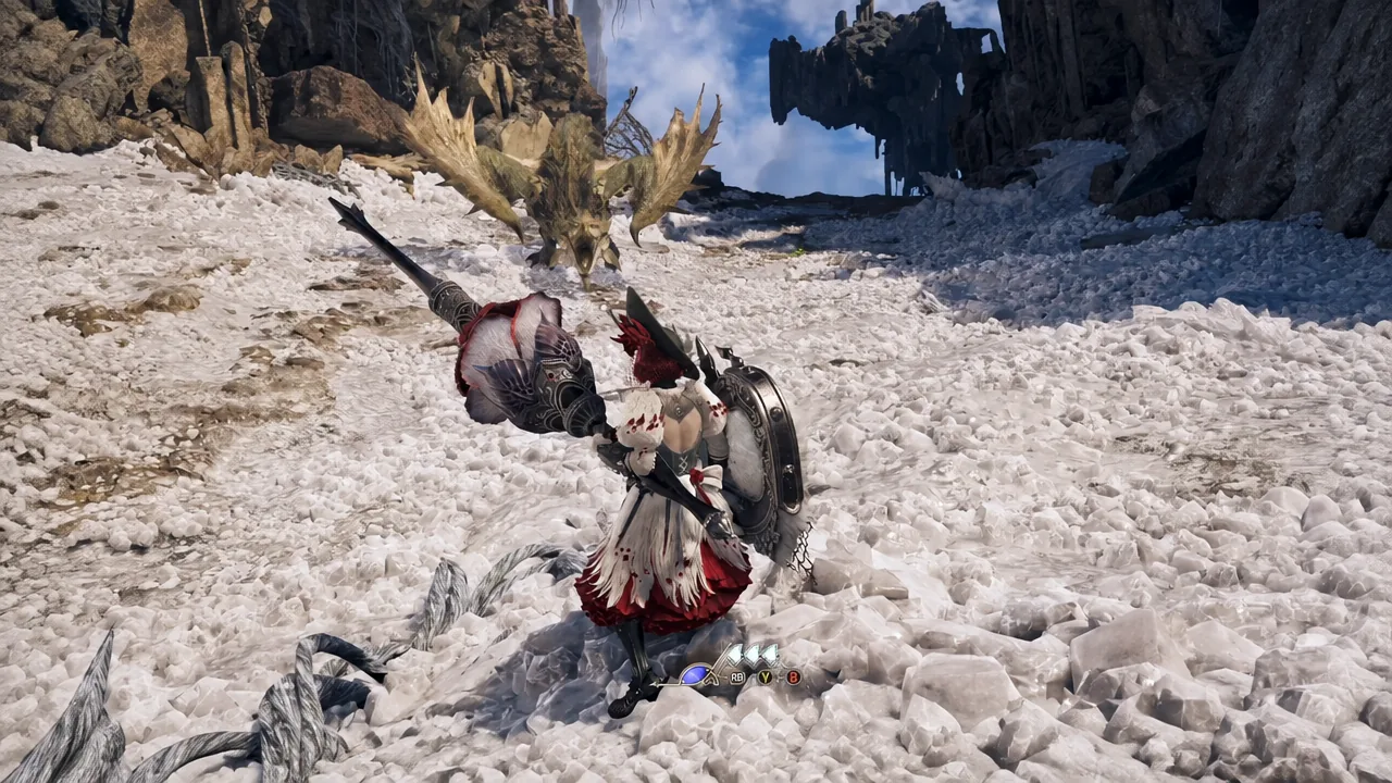 Wind pressure effect firing from the Lance's shield toward a monster during a guard counter
