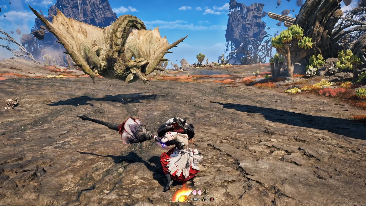Hunter squaring up to an airborne monster as the Boost Driver button prompt shows on screen