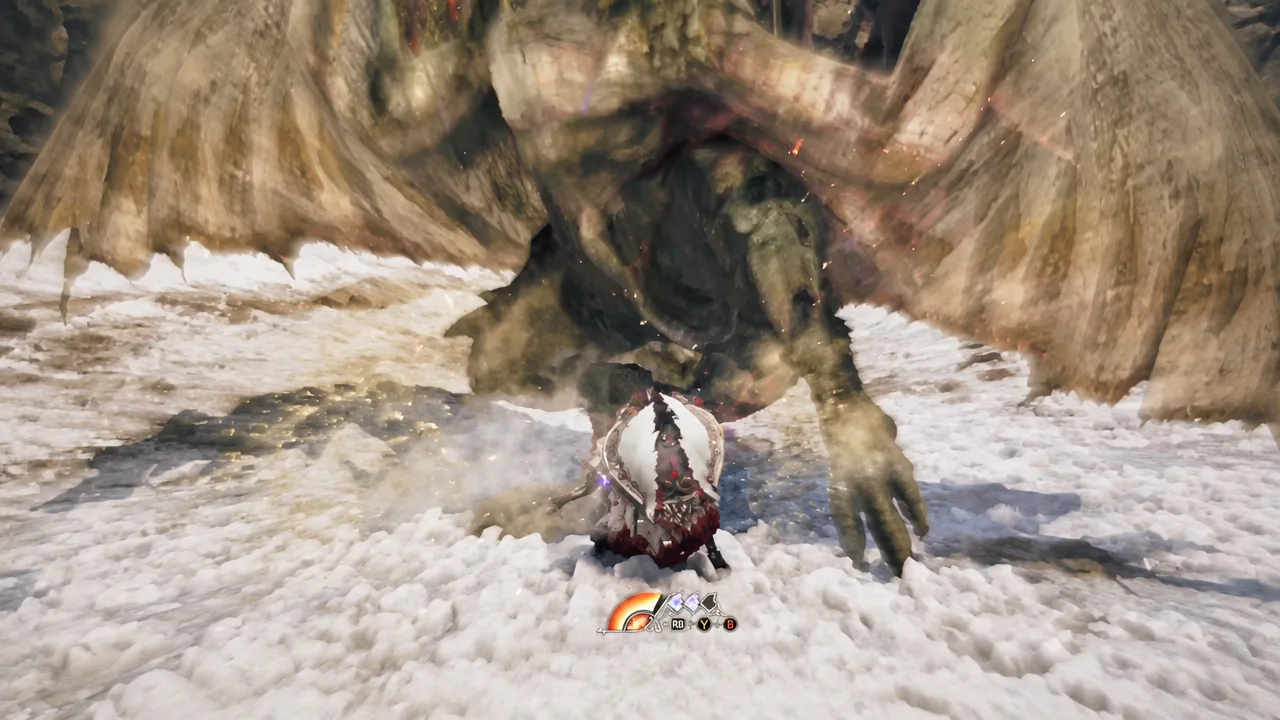 Hunter with Lance and shield raised against a large winged monster with the combat HUD visible