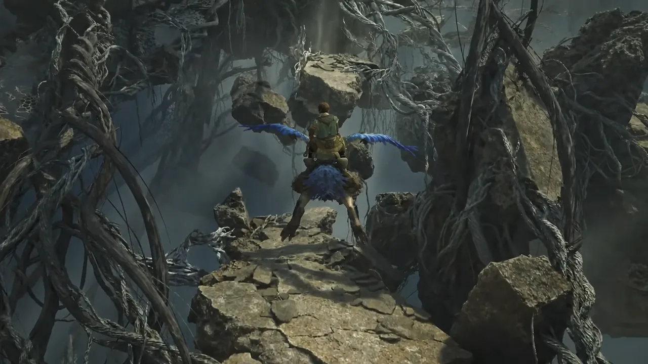 A hunter rides a Seikret through the air between crumbling floating ruins in Ascendance