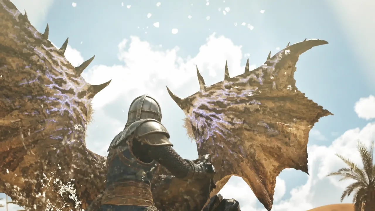 A Rathian glowing with purple Guardian energy fighting in the Windward Plains