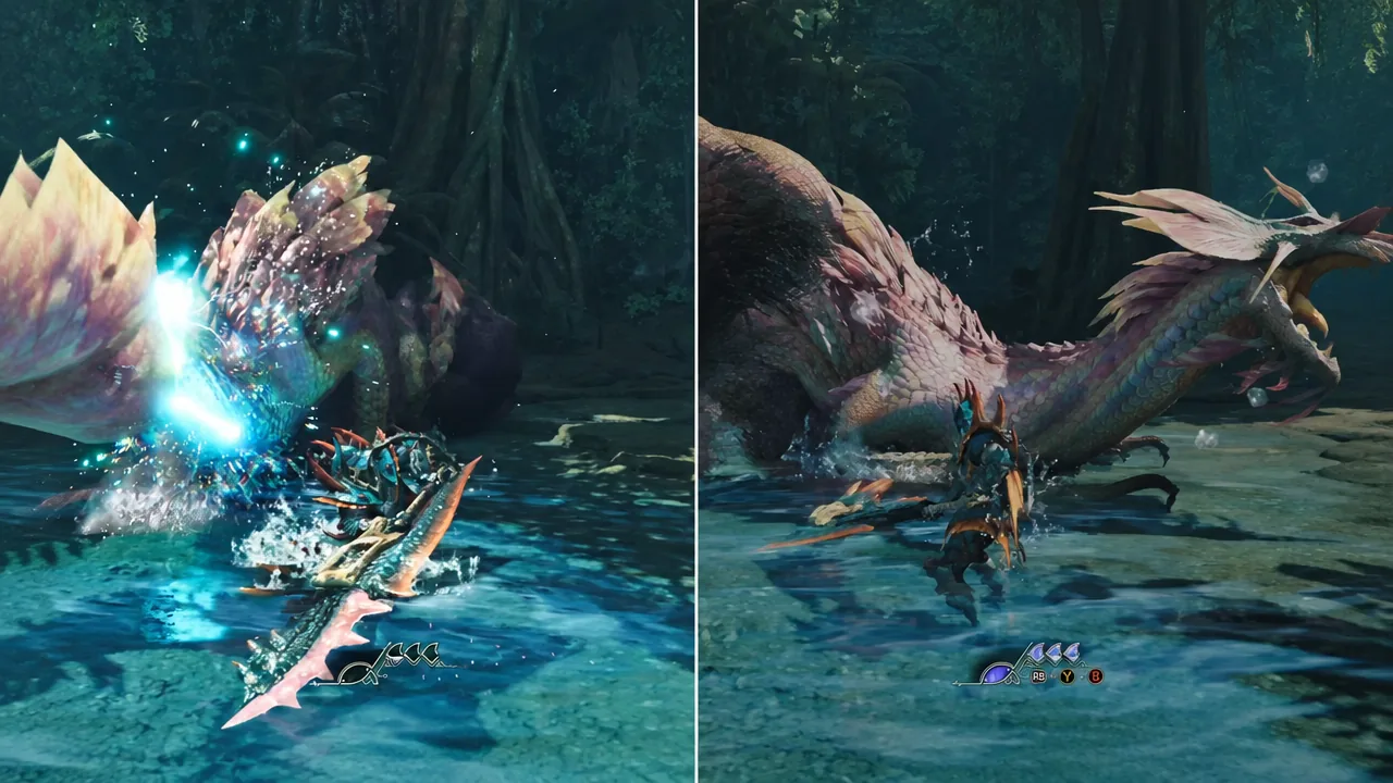 Two views of hunters fighting monsters in shallow water with combat gauges along the bottom of the HUD