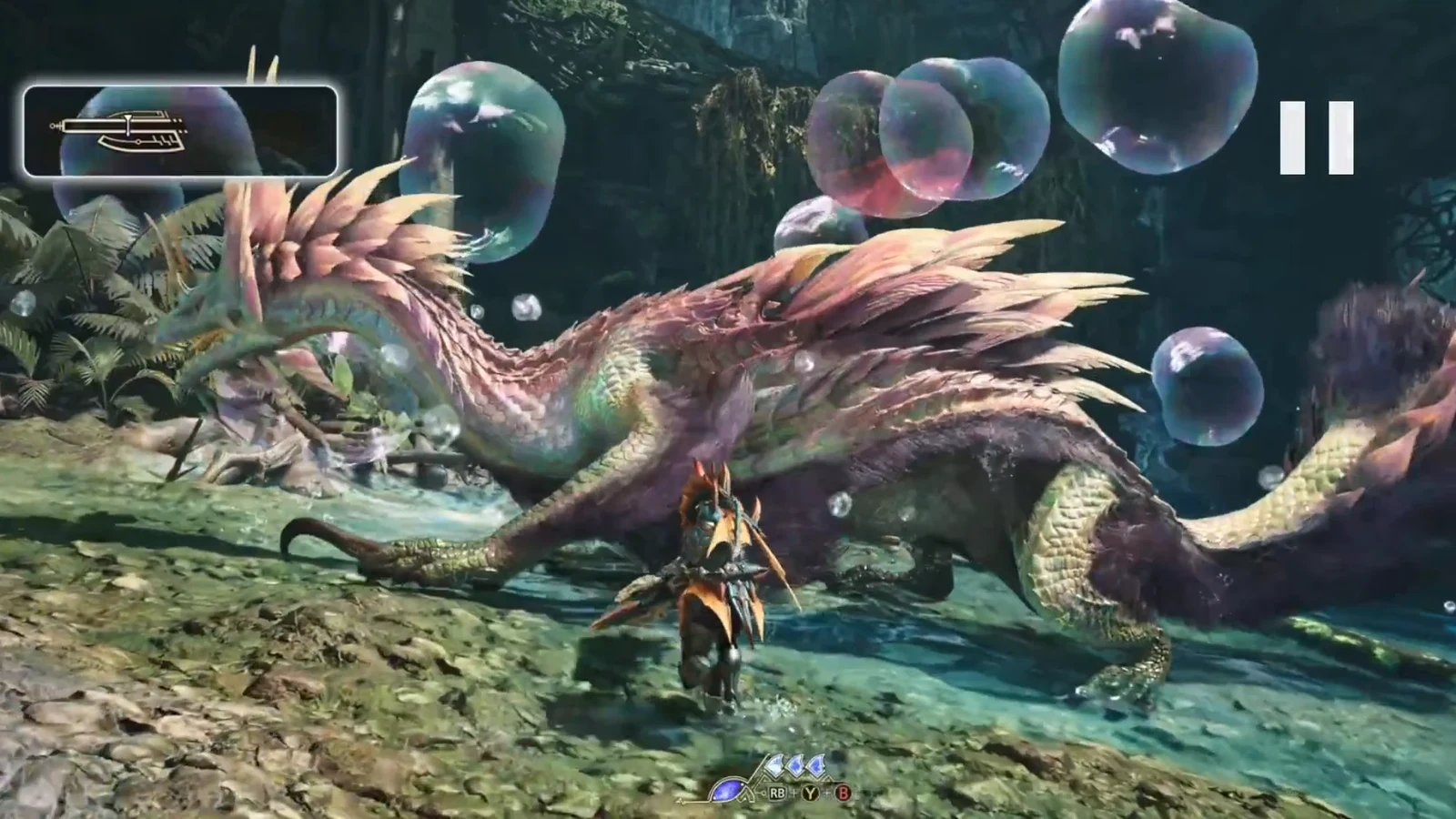 Hunter in Lagiacrus armor faces Mizutsune in a flooded forest with the Switch Axe gauge on screen
