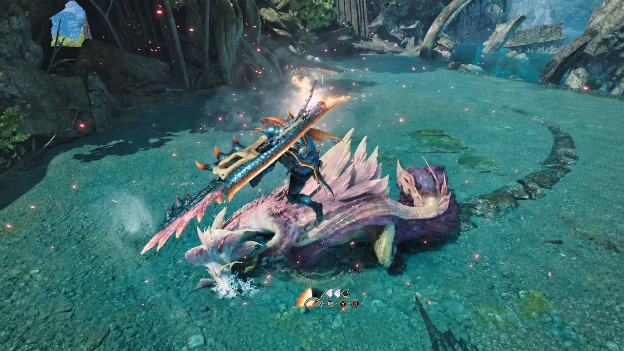 Hunter striking a downed monster with RB, Y and B follow-up prompts shown on screen