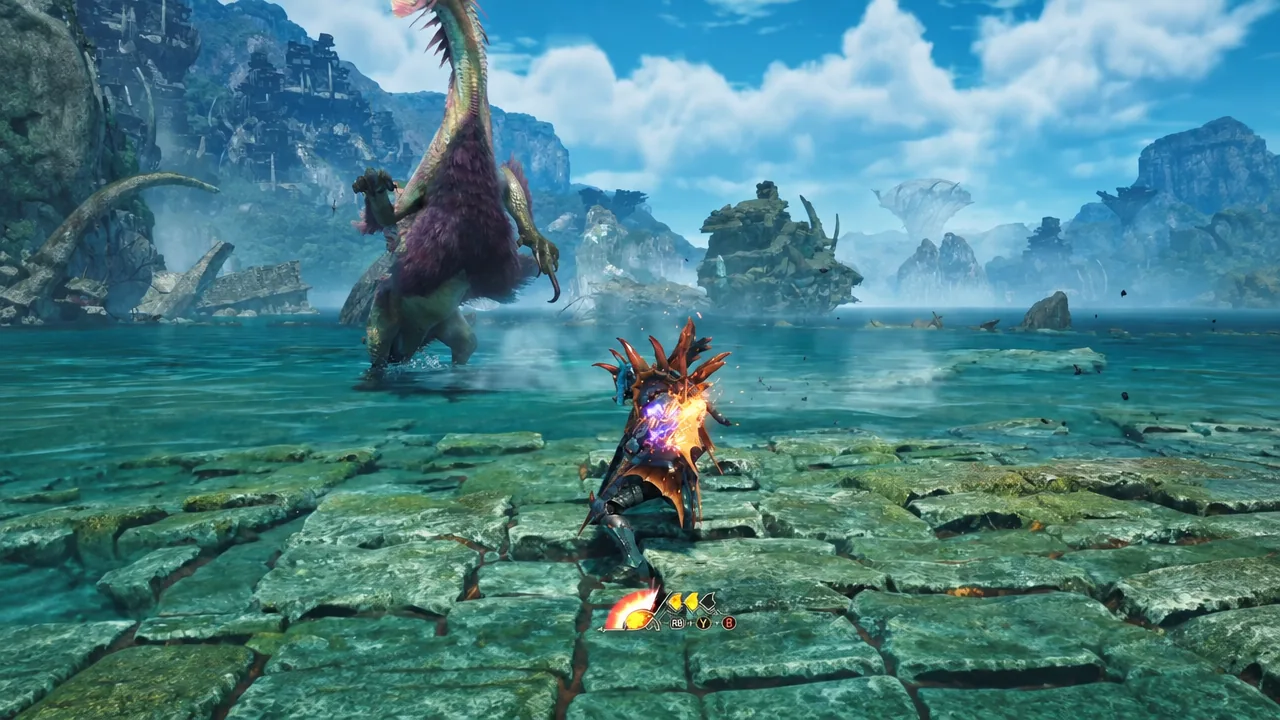Boosted Zero Sum Discharge latching onto Mizutsune with a B button prompt at the bottom of the screen