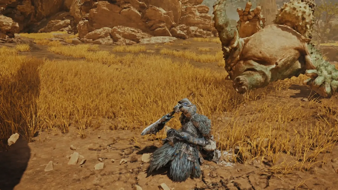 Hunter facing a large rocky monster in a grassy canyon before a boosted shield bash