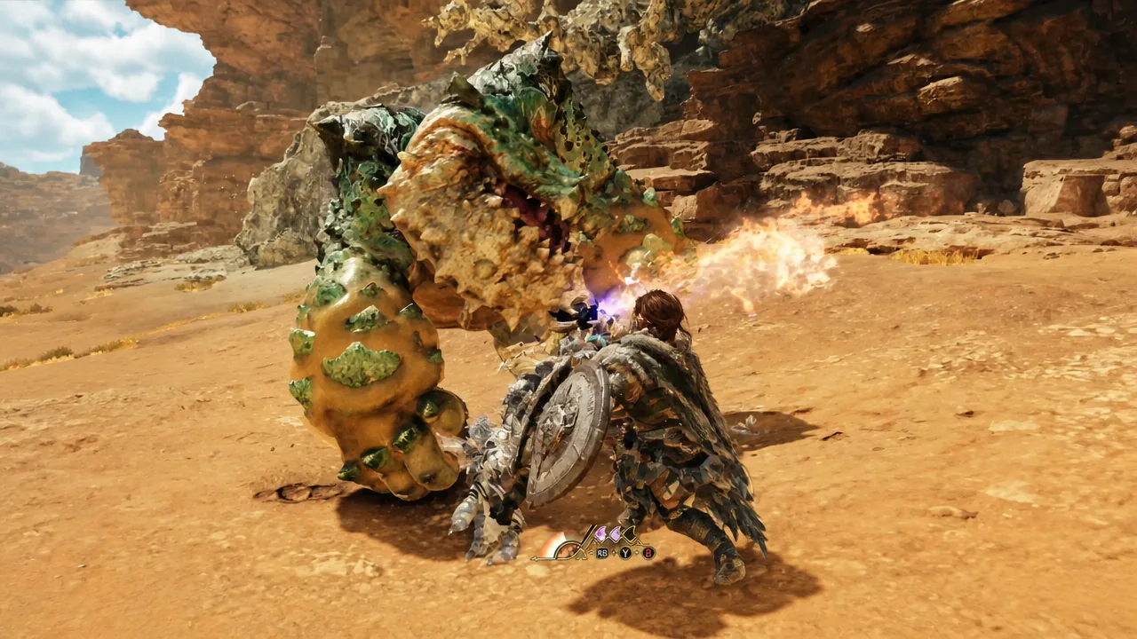 Hunter mid-attack on a large monster with the Boost Driver button prompt visible at the bottom of the screen