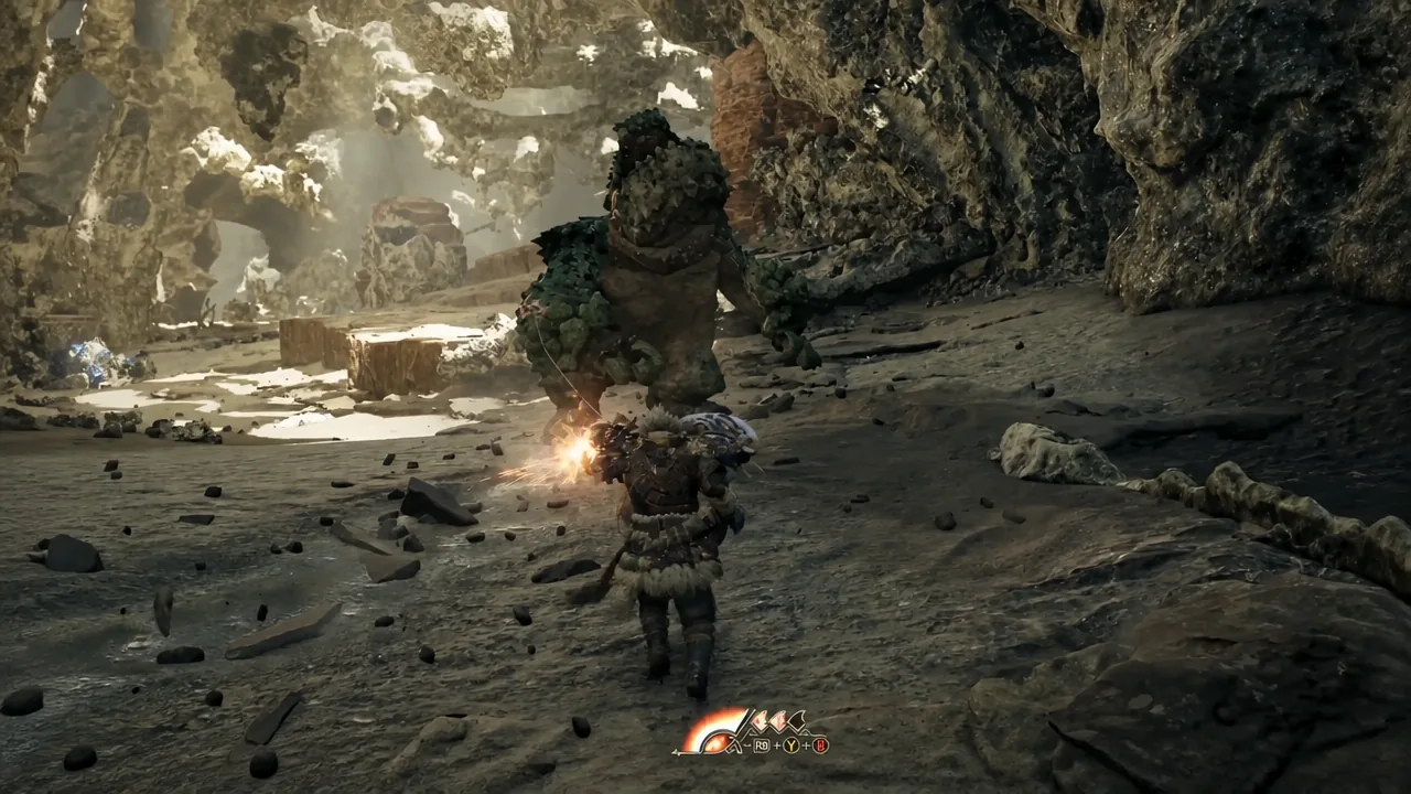 Hunter using the ranged wound finisher on a large cave monster with combat prompts on screen