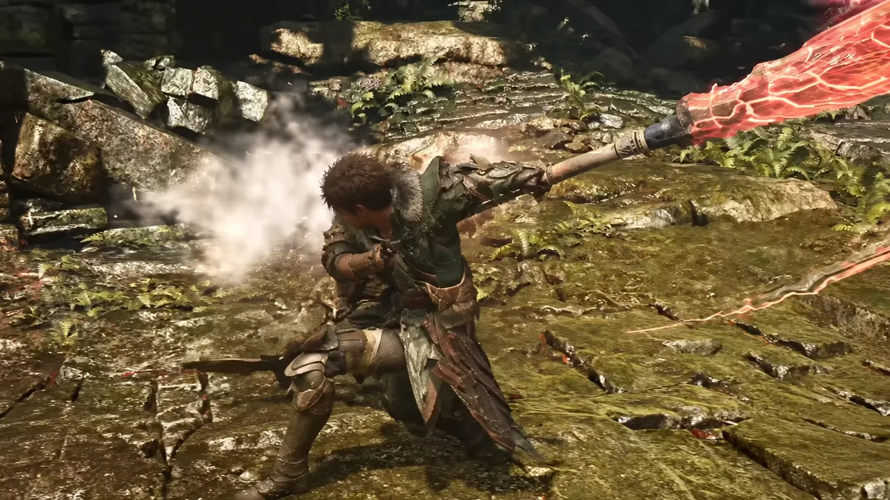 Hunter bracing with a glowing red weapon among rocky jungle ruins