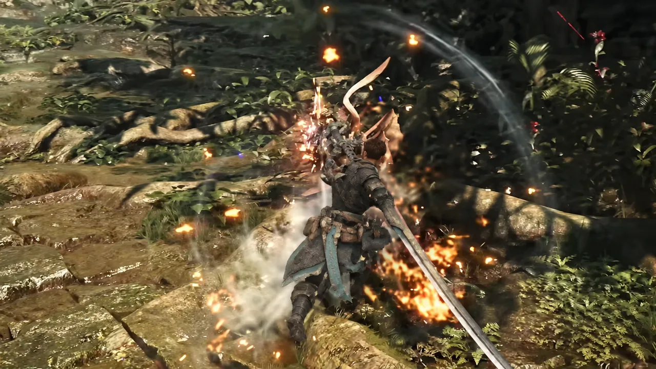 Hunter landing a blade strike on a monster surrounded by flames in a jungle arena