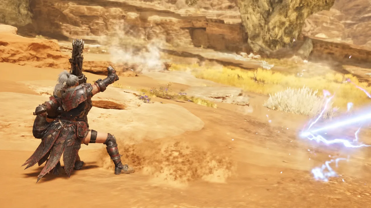 Armored hunter firing a crackling energy attack at a target during a boosted gameplay sequence