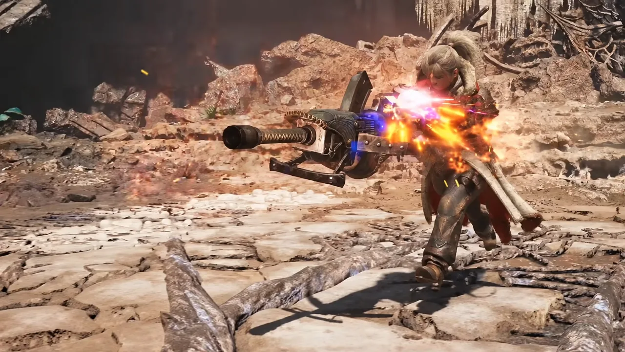 Light Bowgun hunter sliding sideways while firing a rapid volley at a monster