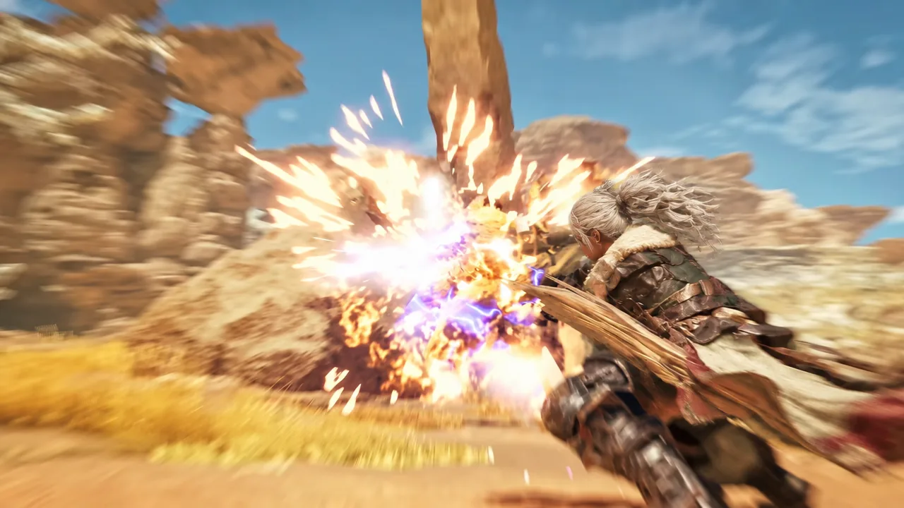 Sword and Shield hunter moving in close against a monster during a boosted combo