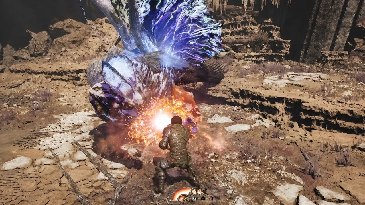 Hammer Boost Driver input prompt shown at the bottom of the screen mid-fight against a large monster
