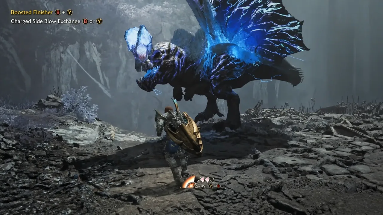 Combat HUD showing Boosted Finisher and Charged Side Blow Exchange prompts during a Hammer attack