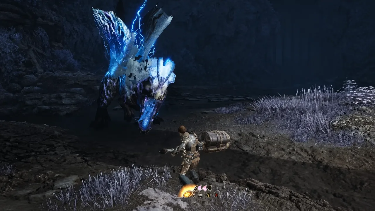 Hunter using the rocket-propelled Boosted Evade to close distance on a monster