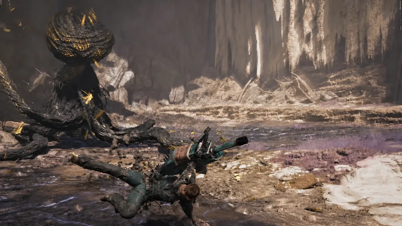 Hunter low to the ground with the Light Bowgun raised as a dark monster looms alongside