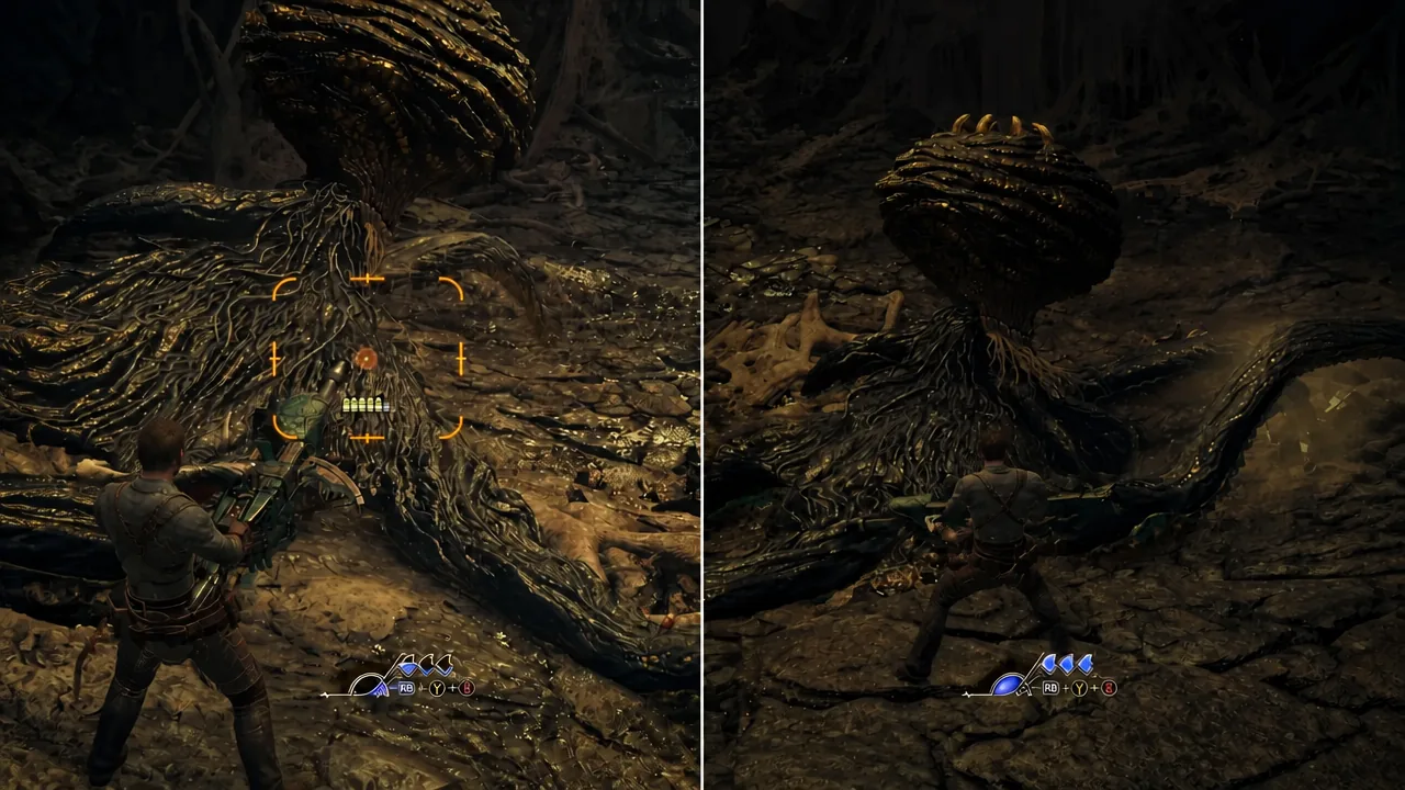 Orange aiming reticle locked onto a monster during Light Bowgun fire