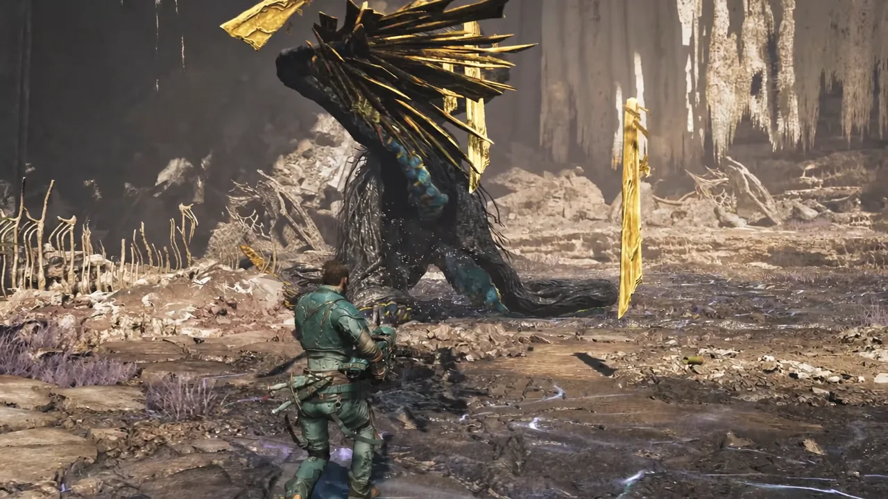 Hunter facing a large winged monster across a ruined arena while holding a Light Bowgun