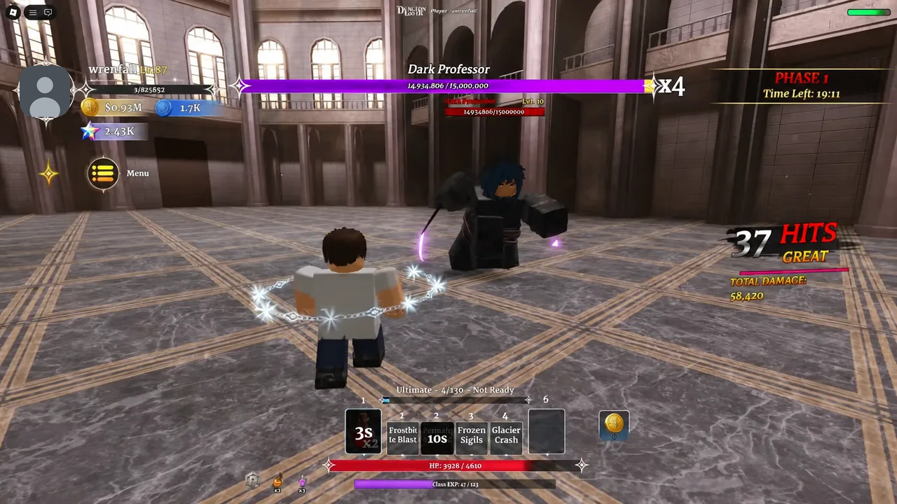 Wand attack on the Dark Professor with Frostbite Blast greyed out on cooldown
