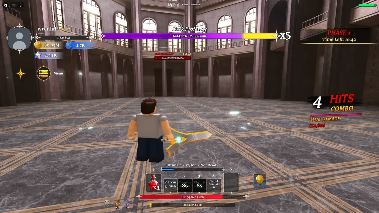 Melee combo landing on the Dark Professor in Phase 1 with the combo counter and ability bar on screen