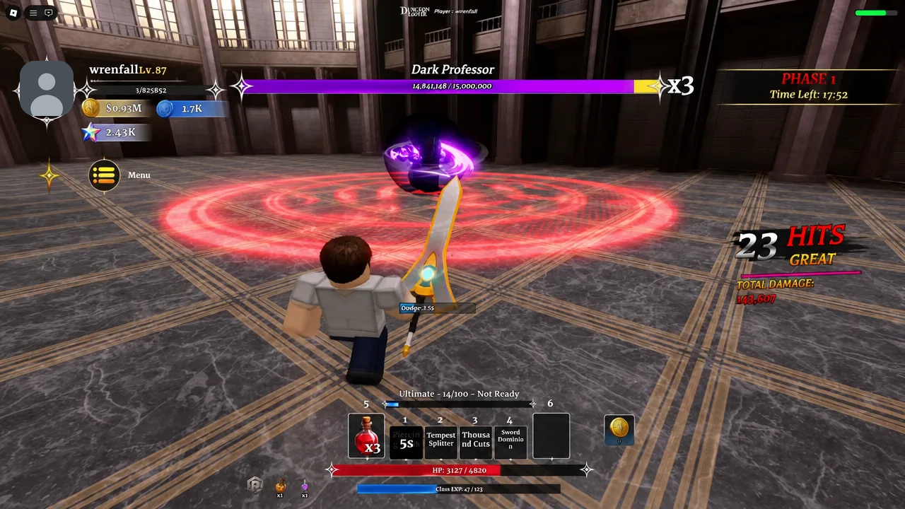 Player dashing into the Dark Professor boss inside the glowing red arena circle