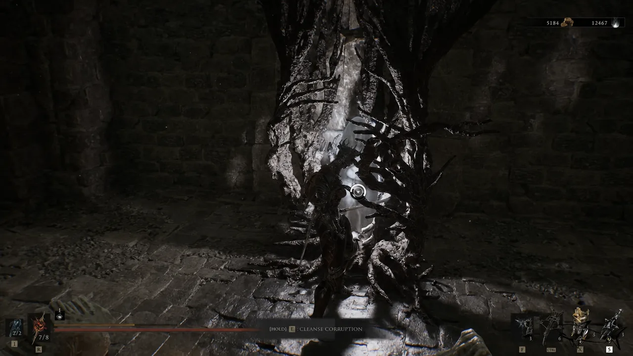 Hold prompt on screen to cleanse corruption at the glowing black pillar at the end of Big Ol' Hole