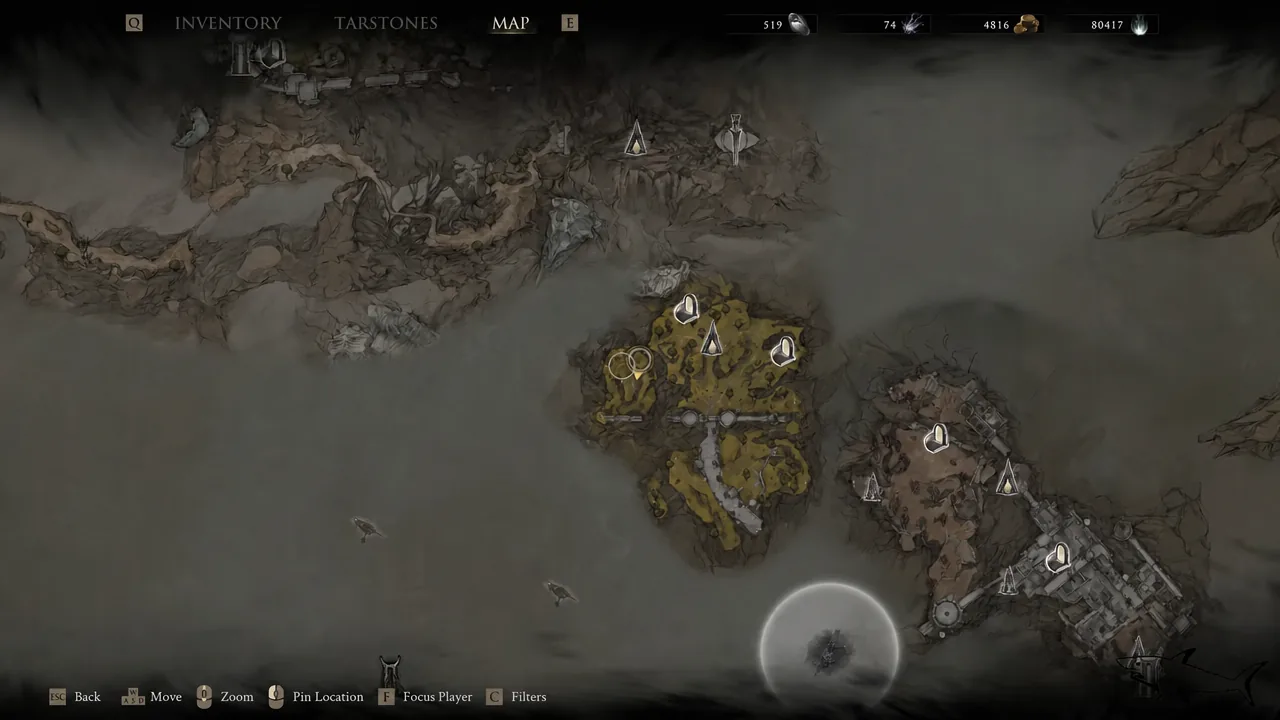 The Mortal Shell 2 map screen open on the MAP tab, showing explored terrain and location markers