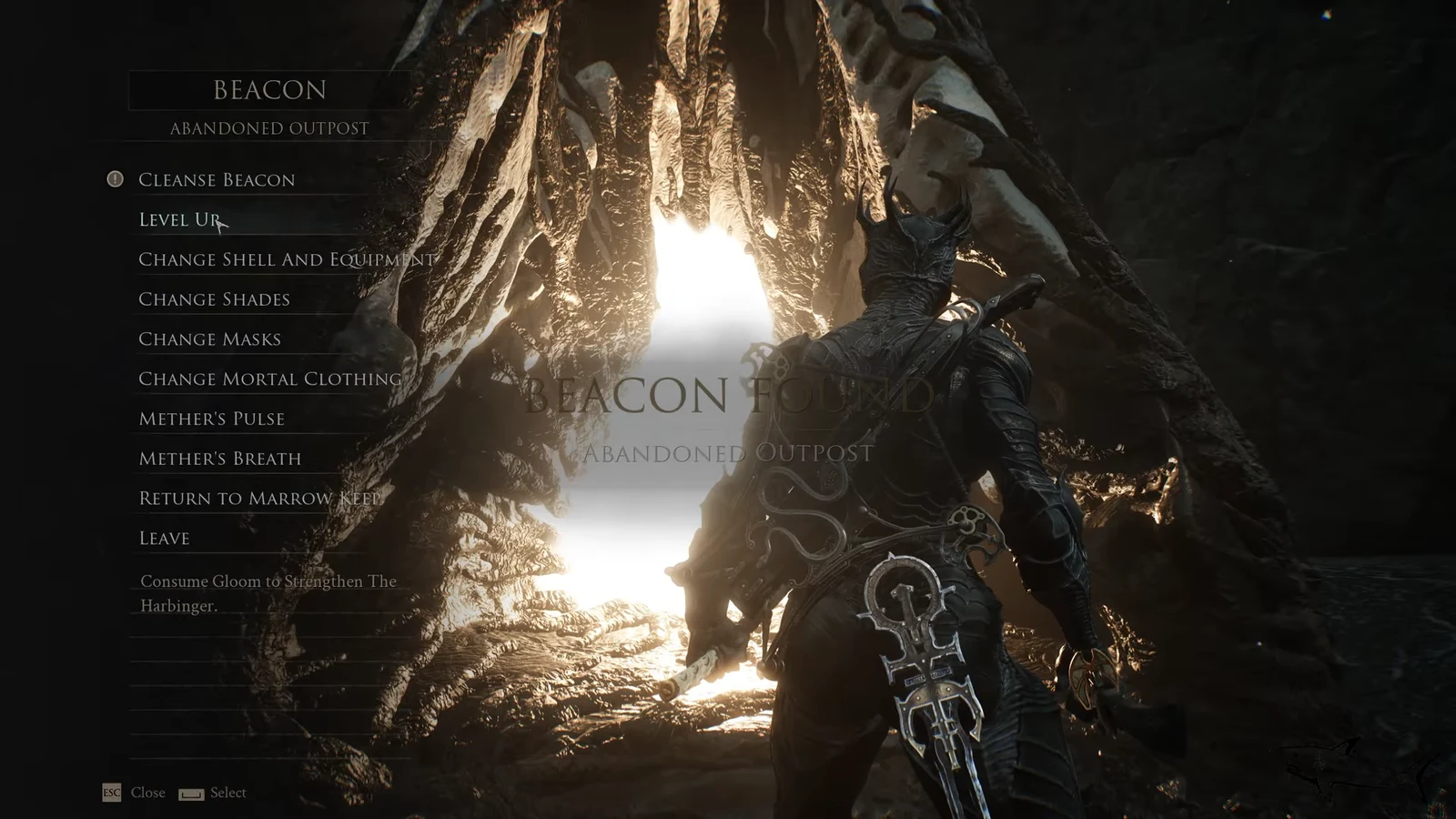 The Abandoned Outpost beacon menu with Cleanse Beacon highlighted among the rest options