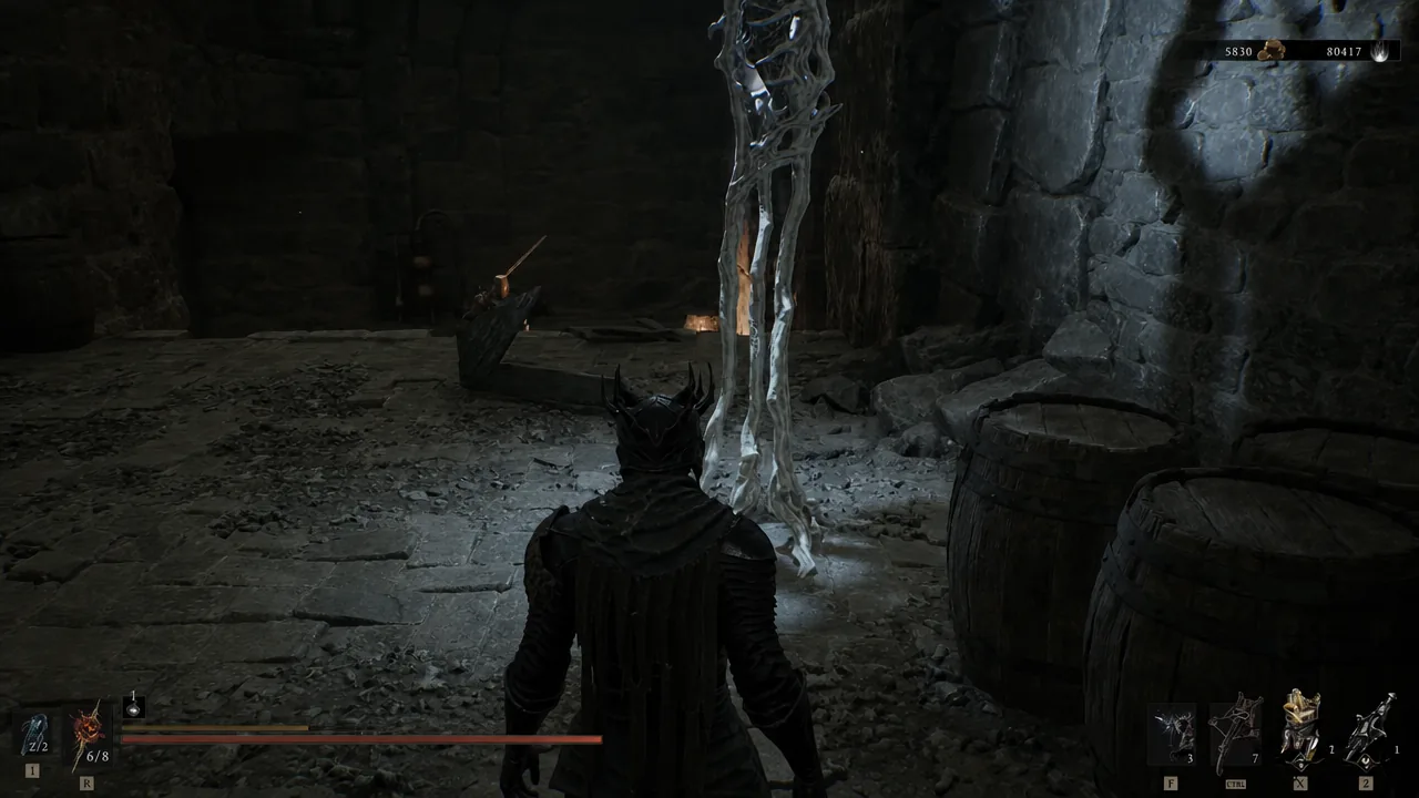 Player smashing a glowing white totem inside the Big Ol' Hole dungeon for Gloom