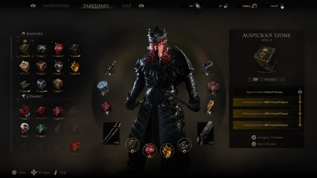 Tarstones menu showing the Auspicious Stone at Level 3 with its critical-chance upgrade details