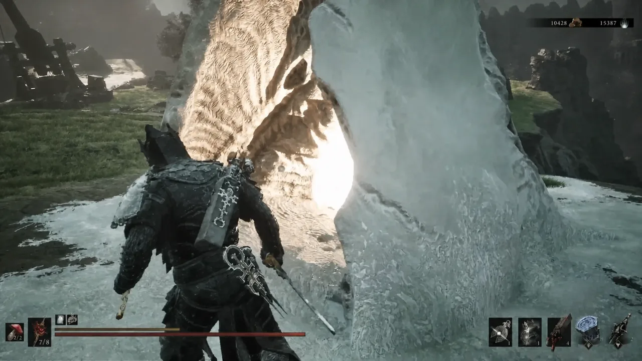 Eredrim attacking a large icy creature beside a frozen tree in combat