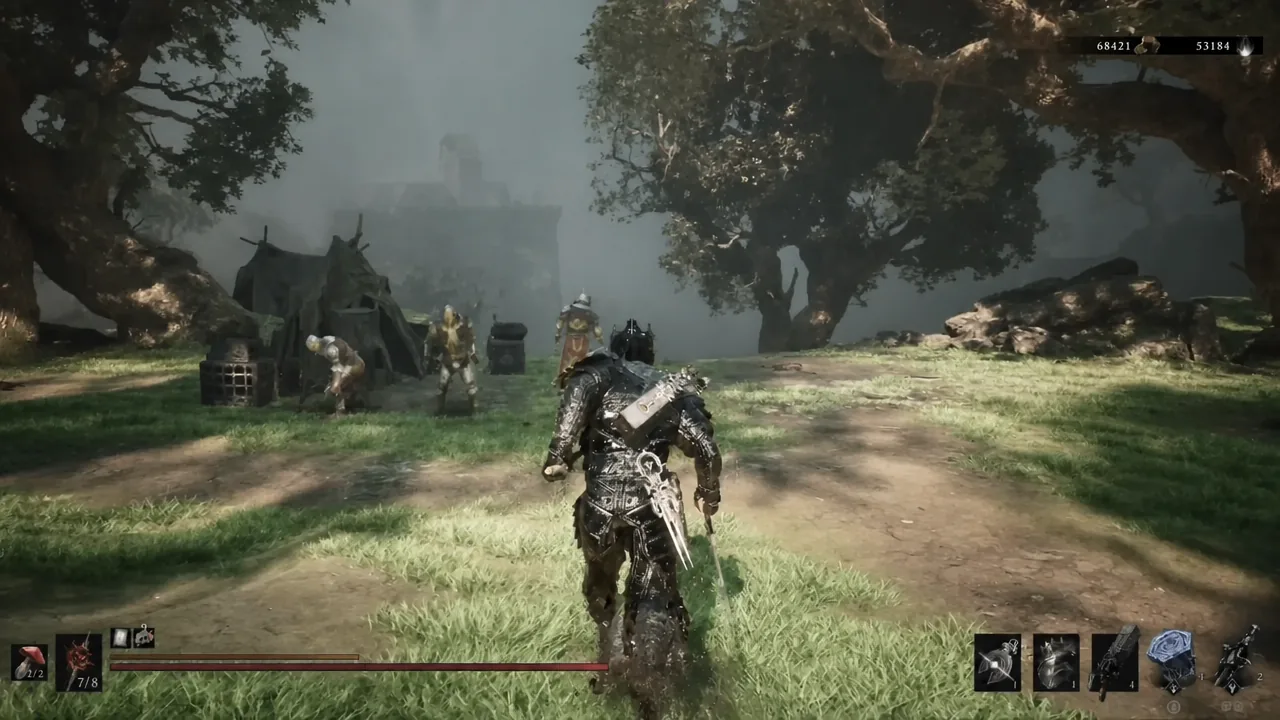 Eredrim advancing on a group of enemies gathered around a tented camp