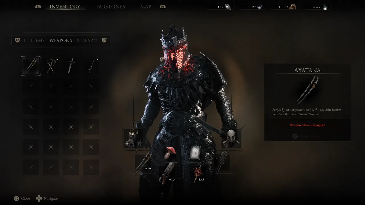 Weapons inventory screen highlighting the Axatana with its description and equipped status