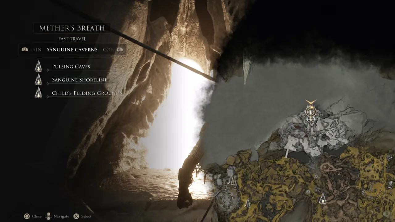 Fast travel map with Sanguine Caverns highlighted as the destination