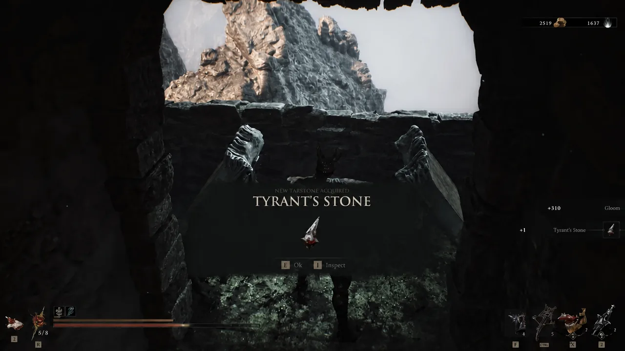 Tyrant's Stone pickup prompt with the options to confirm or inspect the item