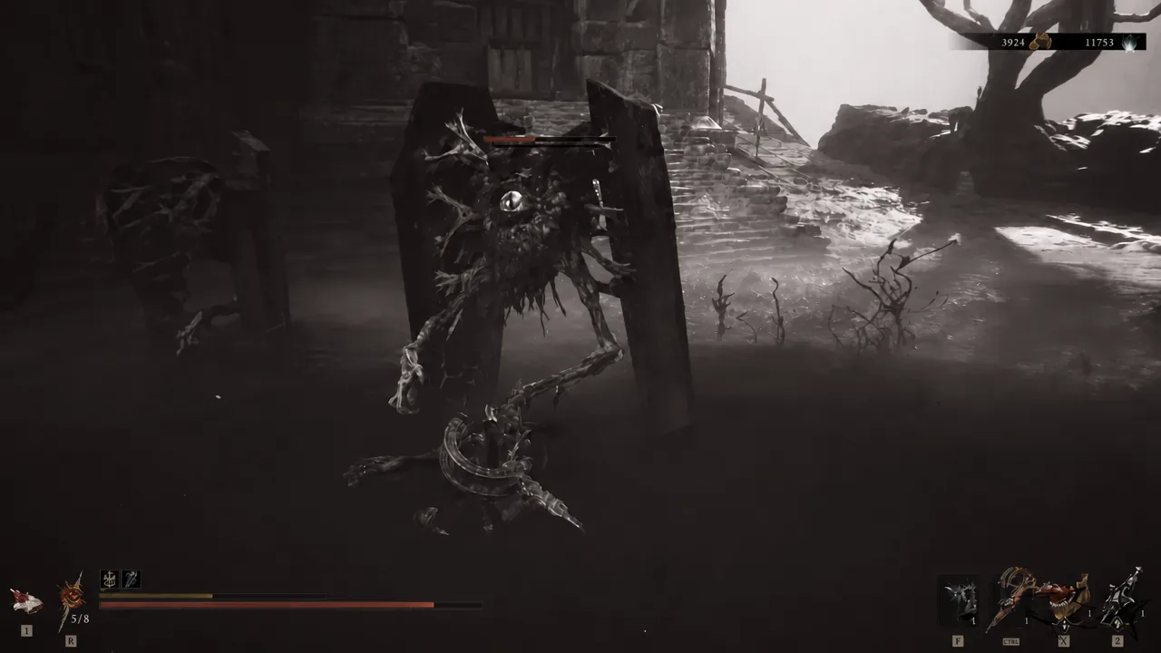 Combat trial in the misty Revenant Graves arena against a winged shield-bearing foe